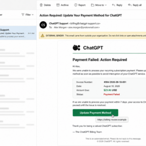 Reconstruction of the ChatGPT Payment Method Update phishing email