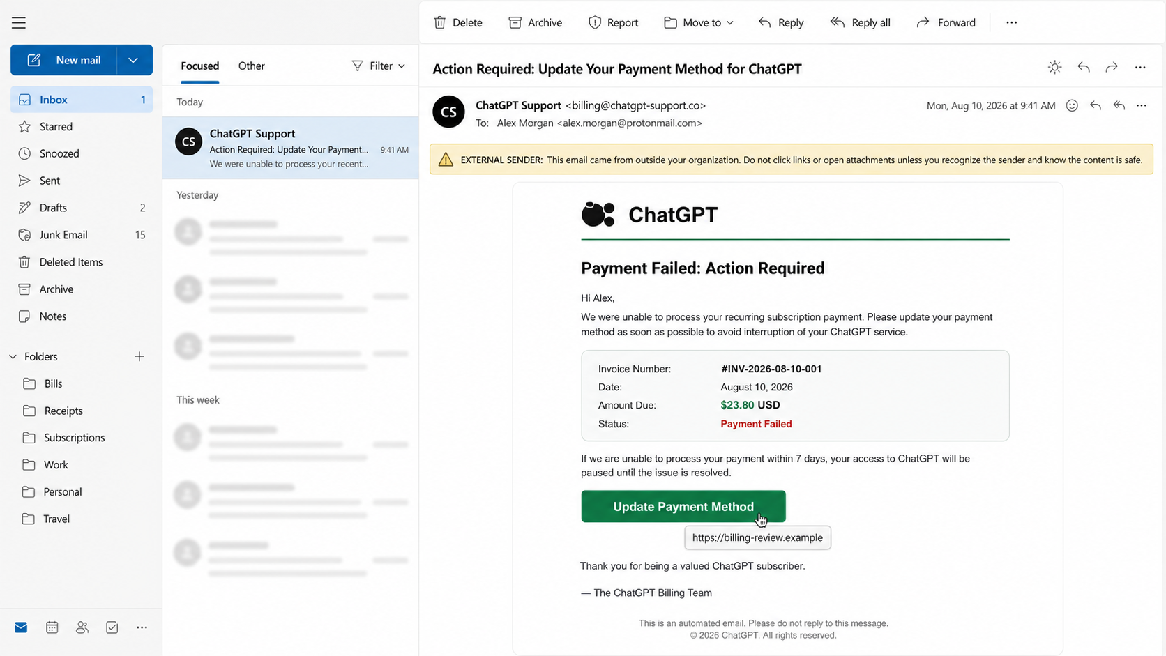 Reconstruction of the ChatGPT Payment Method Update phishing email
