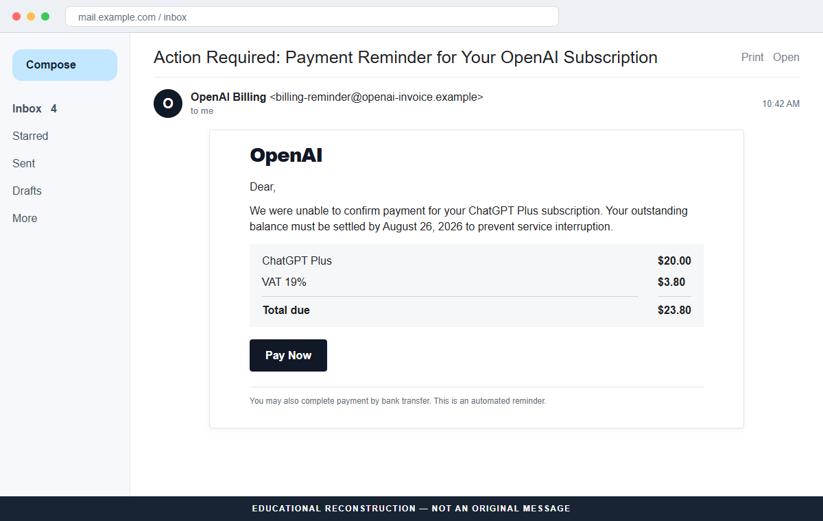 Reconstruction of the ChatGPT Payment Reminder email scam claiming a $23.80 balance