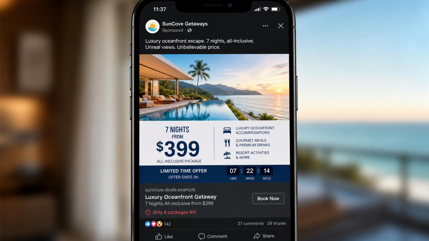 Realistic sponsored social media ad promoting an unrealistically cheap fictional oceanfront vacation