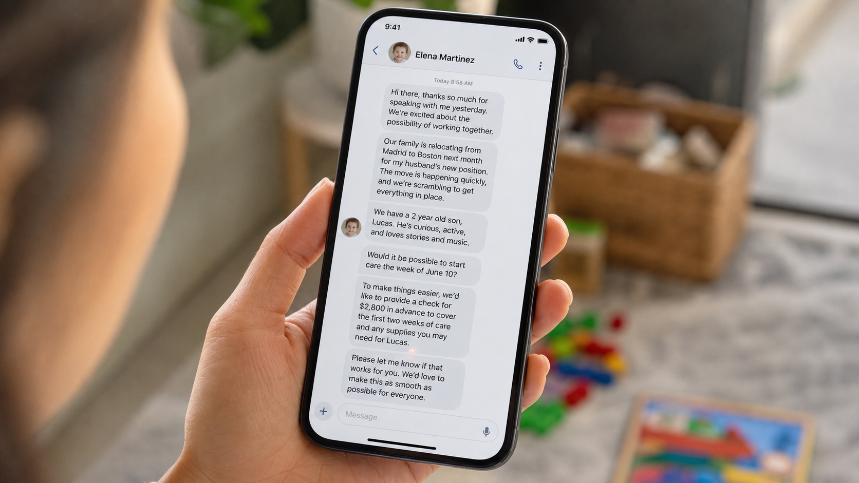Realistic message from a fictional relocating parent offering a childcare provider a large advance check