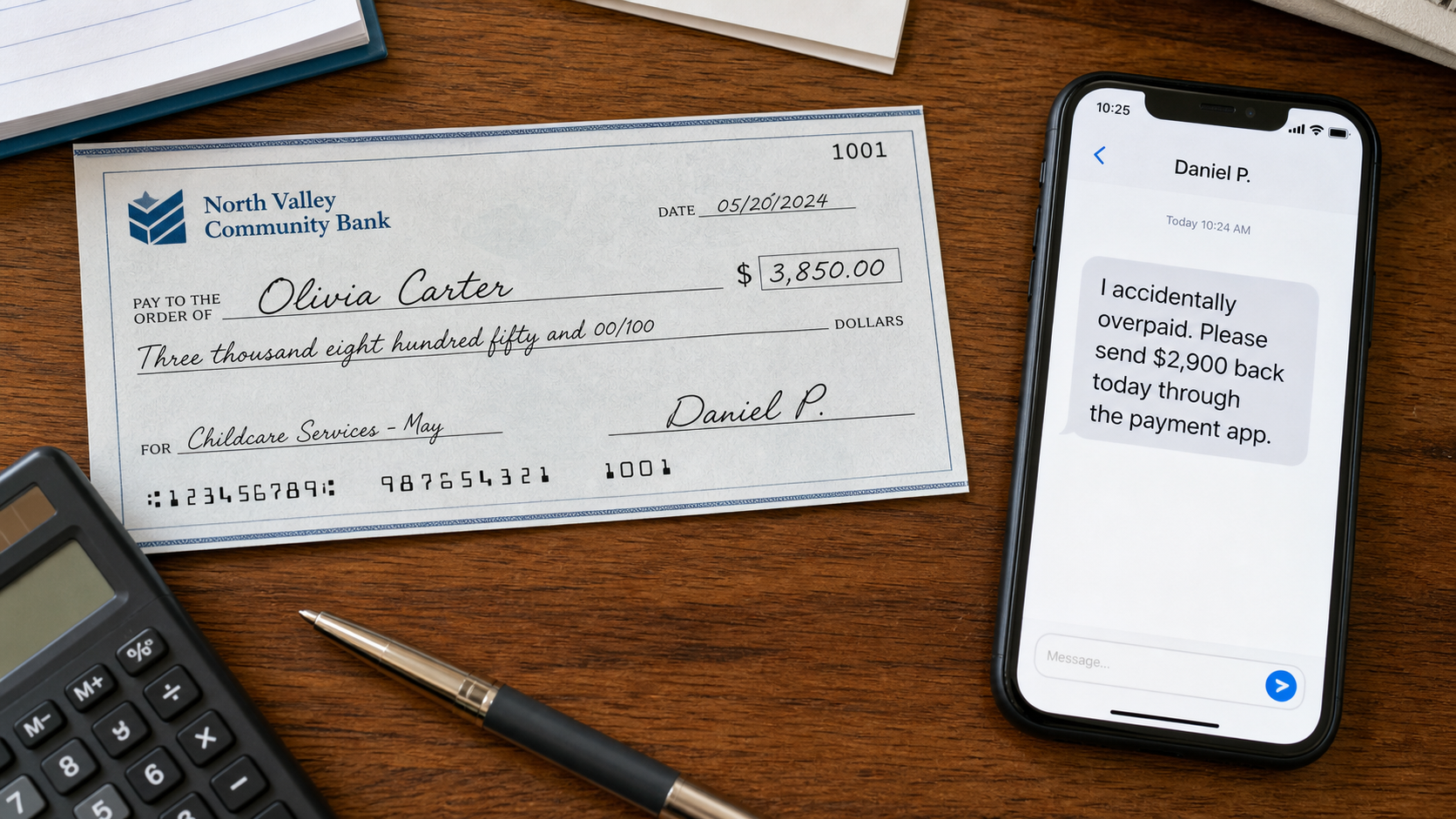 Childcare Overpayment Scam Uses Fake Checks to Make You Send Real Money 2 Realistic example of an overpayment check beside a message asking the caregiver to return money