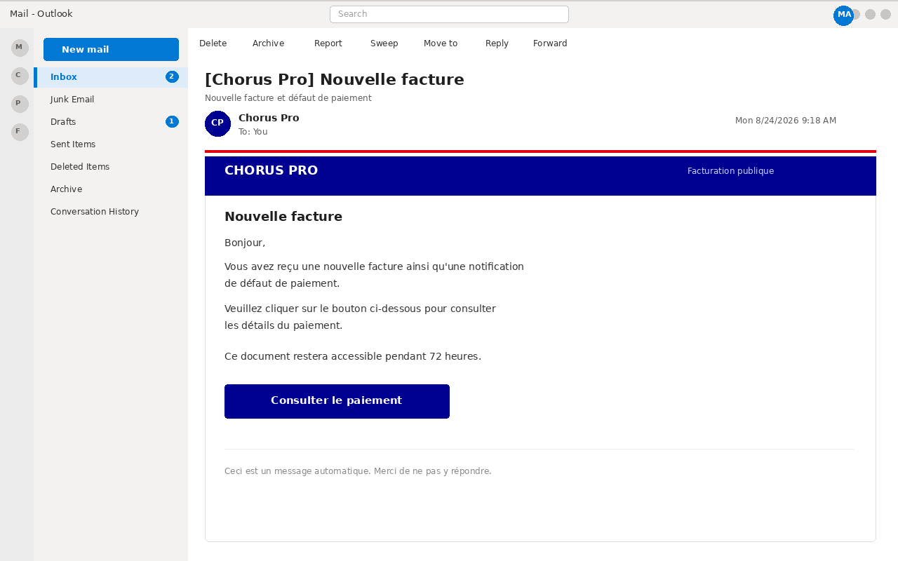 Chorus Pro Invoice Email EXPOSED: Fake Payment Notices Steal Logins 1 Outlook view of a Chorus Pro invoice email with a payment button