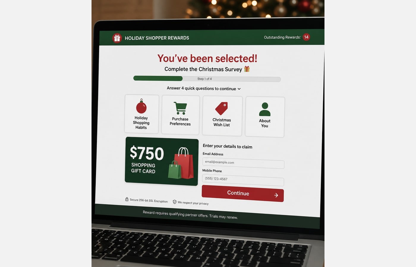 Christmas Wishlist Survey Scam: Fake $750 Gift Card and Subscription Trap 2 Editorial reconstruction of a Christmas survey reward registration page