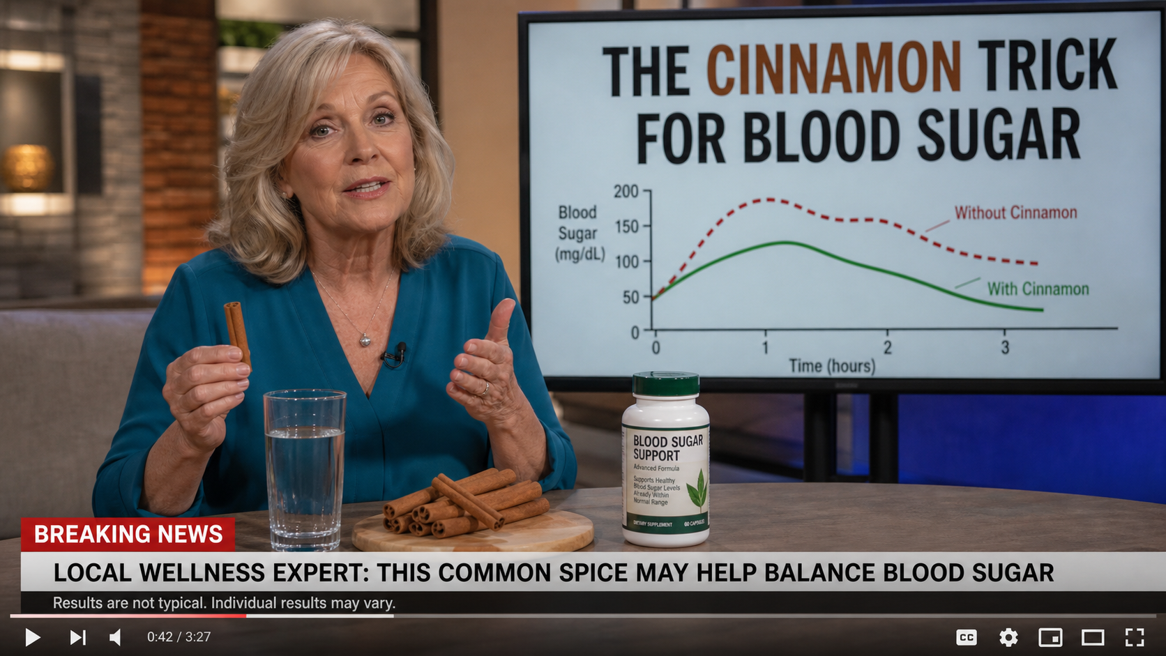 Realistic reconstruction of a cinnamon trick diabetes supplement advertisement