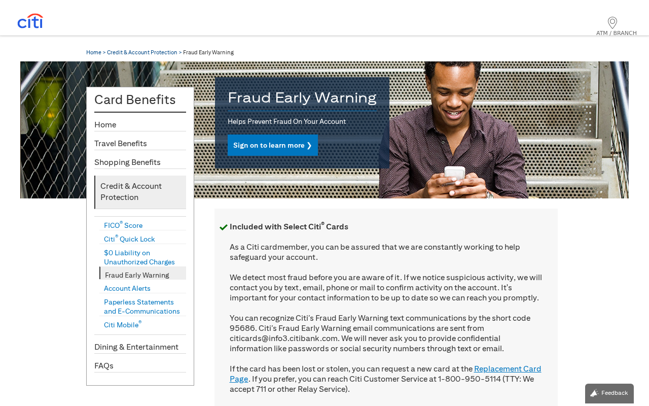 Citibank Scam Calls EXPOSED: Fake Fraud Desk Wants the Code 1 Official Citi Card Benefits page titled Fraud Early Warning saying Citi will never ask for passwords or Social Security numbers through text or email