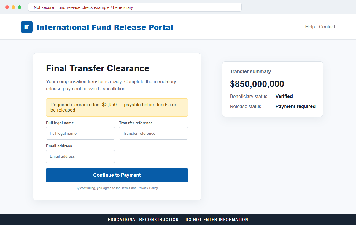 Reconstruction of an advance-fee page requesting $2,950 to release a fake compensation fund
