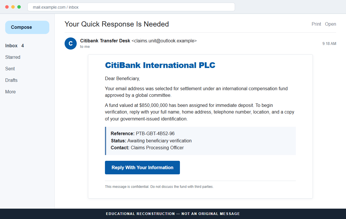 Reconstruction of the CitiBank Compensation Fund email scam promising $850,000,000