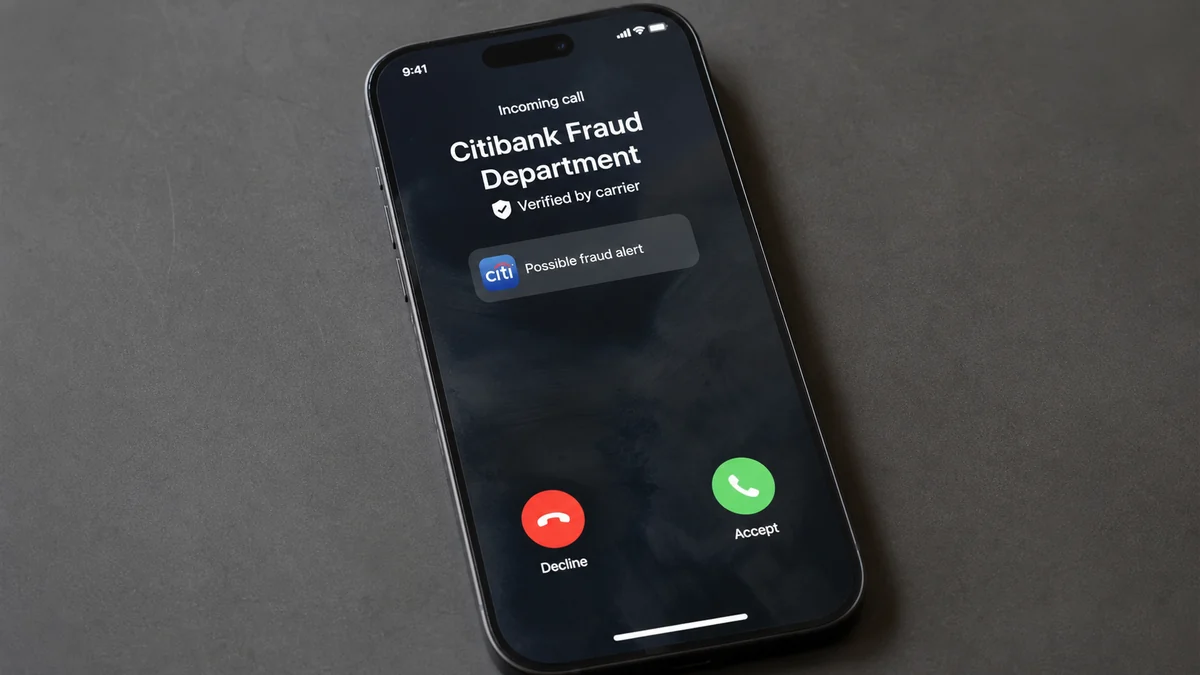 Realistic reconstruction of a spoofed Citibank Fraud Department call marked verified by carrier