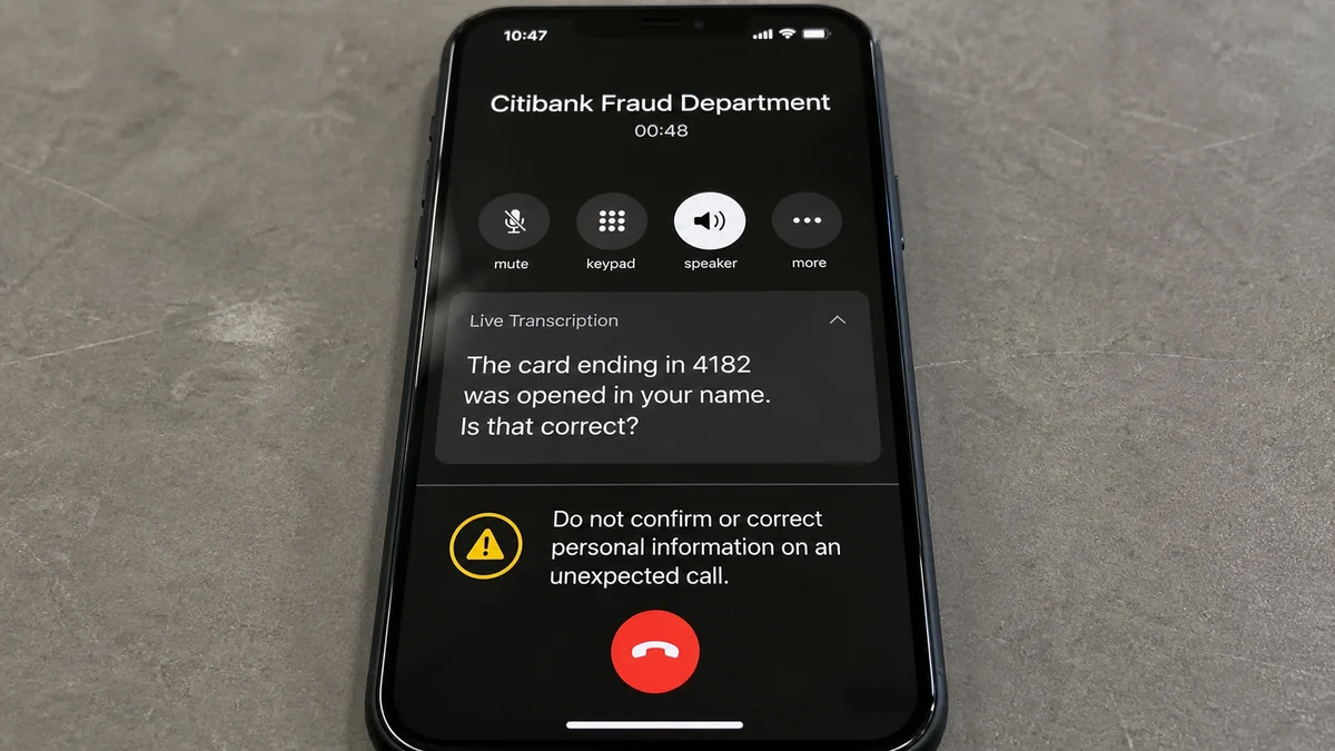 Realistic reconstruction of a Citibank impersonator asking the victim to confirm incorrect card digits