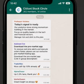 Realistic reconstruction of a Citiuni WhatsApp stock group where a professor and assistant promote a separate pre-market app