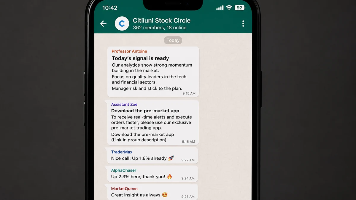Citiuni WhatsApp Stock Group Locks Up Deposits 1 Realistic reconstruction of a Citiuni WhatsApp stock group where a professor and assistant promote a separate pre-market app