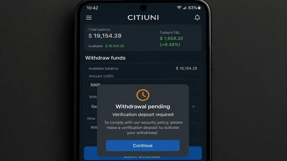 Citiuni WhatsApp Stock Group Locks Up Deposits 2 Realistic reconstruction of a Citiuni trading app showing a pending withdrawal and a demand for a verification deposit