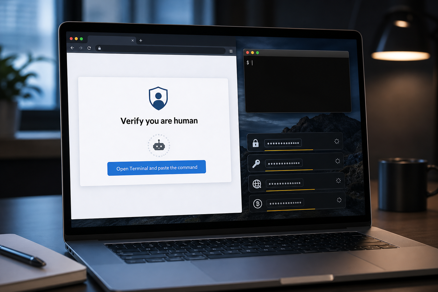 ClickLock Stealer on Mac: How the Fake Verification Trap Steals Passwords and Crypto 1 ClickLock Stealer fake verification page and Terminal command on a Mac