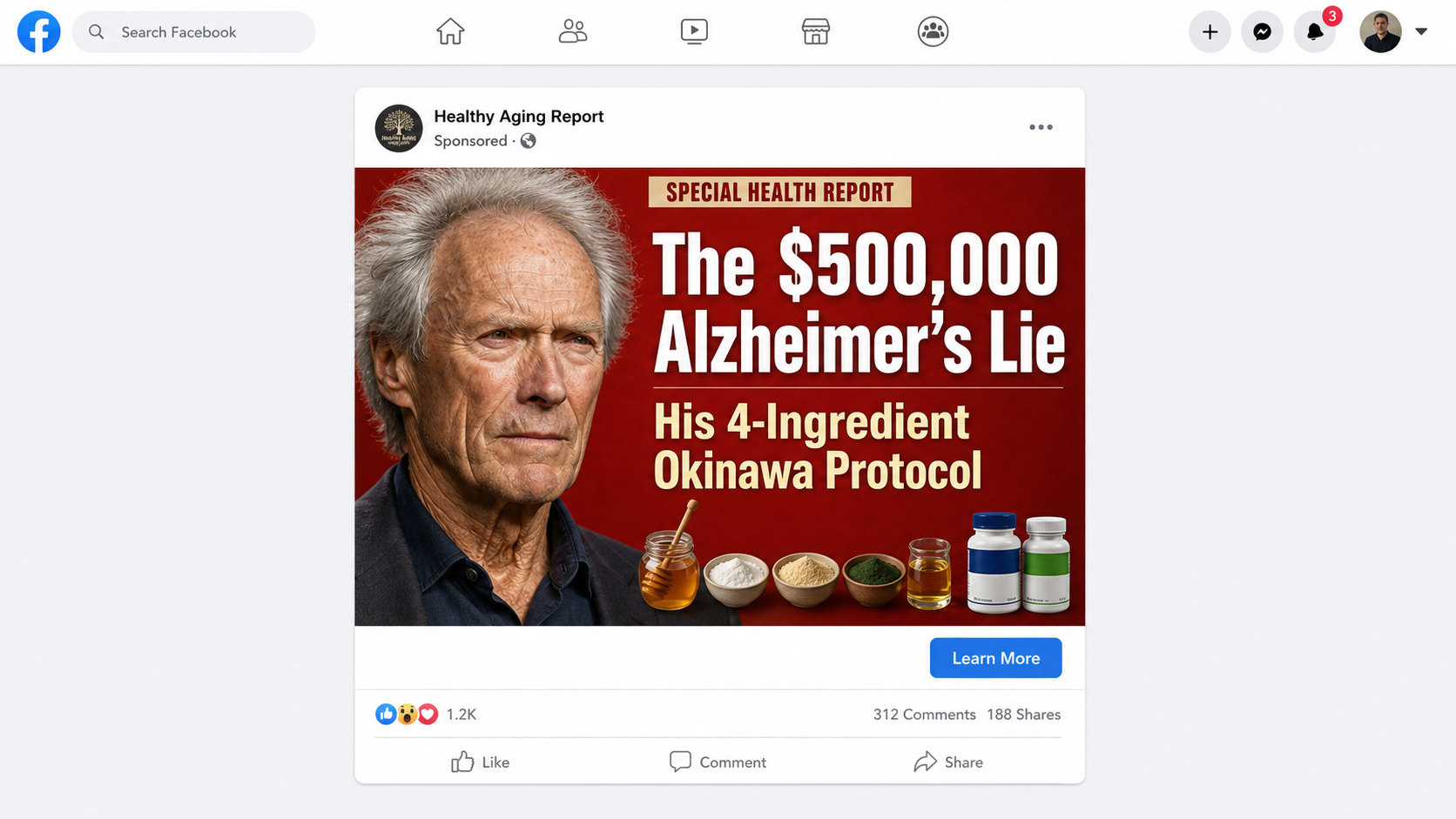 Fake AARP Alzheimer's Cure Scam - Clint Eastwood and the "4-Ingredient Okinawa Protocol" 1 Reconstructed Facebook-style ad promoting a fake Clint Eastwood Okinawa protocol for memory loss