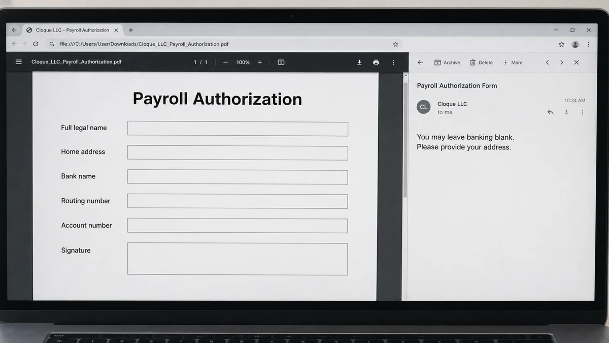 Realistic reconstruction of a payroll authorization form requesting address and bank account details