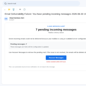 Gmail inbox showing a Cloud Services Alert email with 7 pending incoming messages, a Recover Messages button, and a 48-hour deletion warning