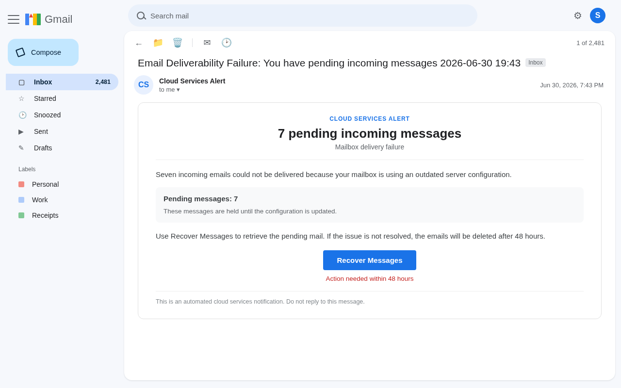 Cloud Services Alert EXPOSED: Recover Messages Steals the Inbox 1 Gmail inbox showing a Cloud Services Alert email with 7 pending incoming messages, a Recover Messages button, and a 48-hour deletion warning