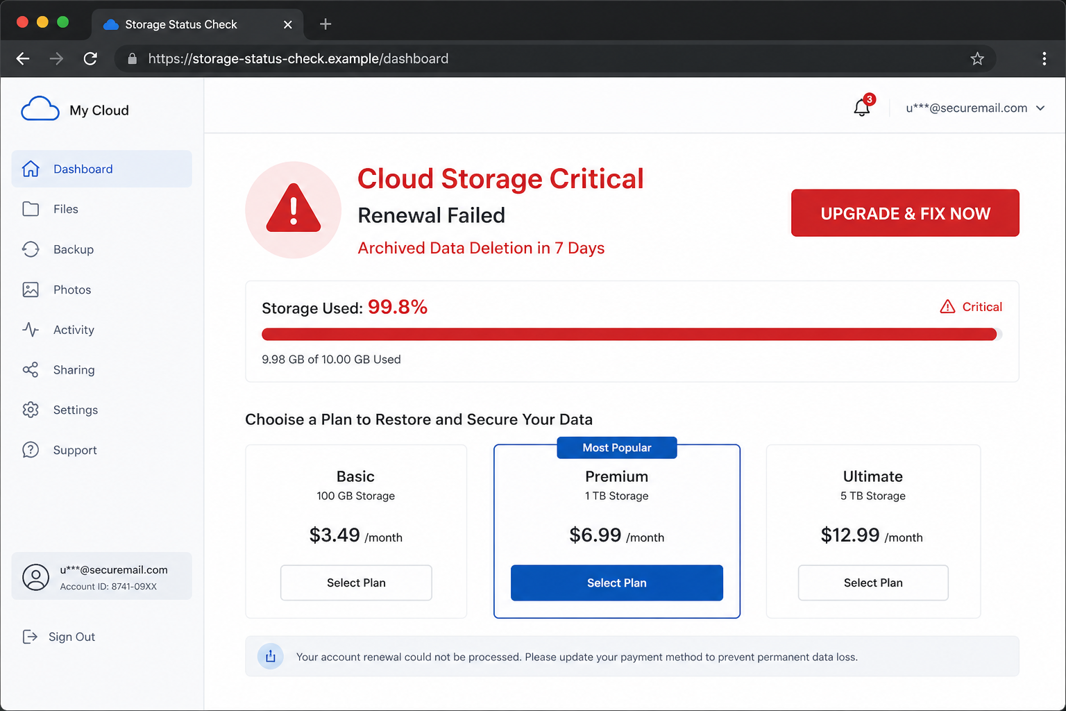Cloud Subscription Paused Email Scam Uses Data Loss Fear to Sell Services 2 Reconstruction of a fake cloud storage critical warning leading to a paid service