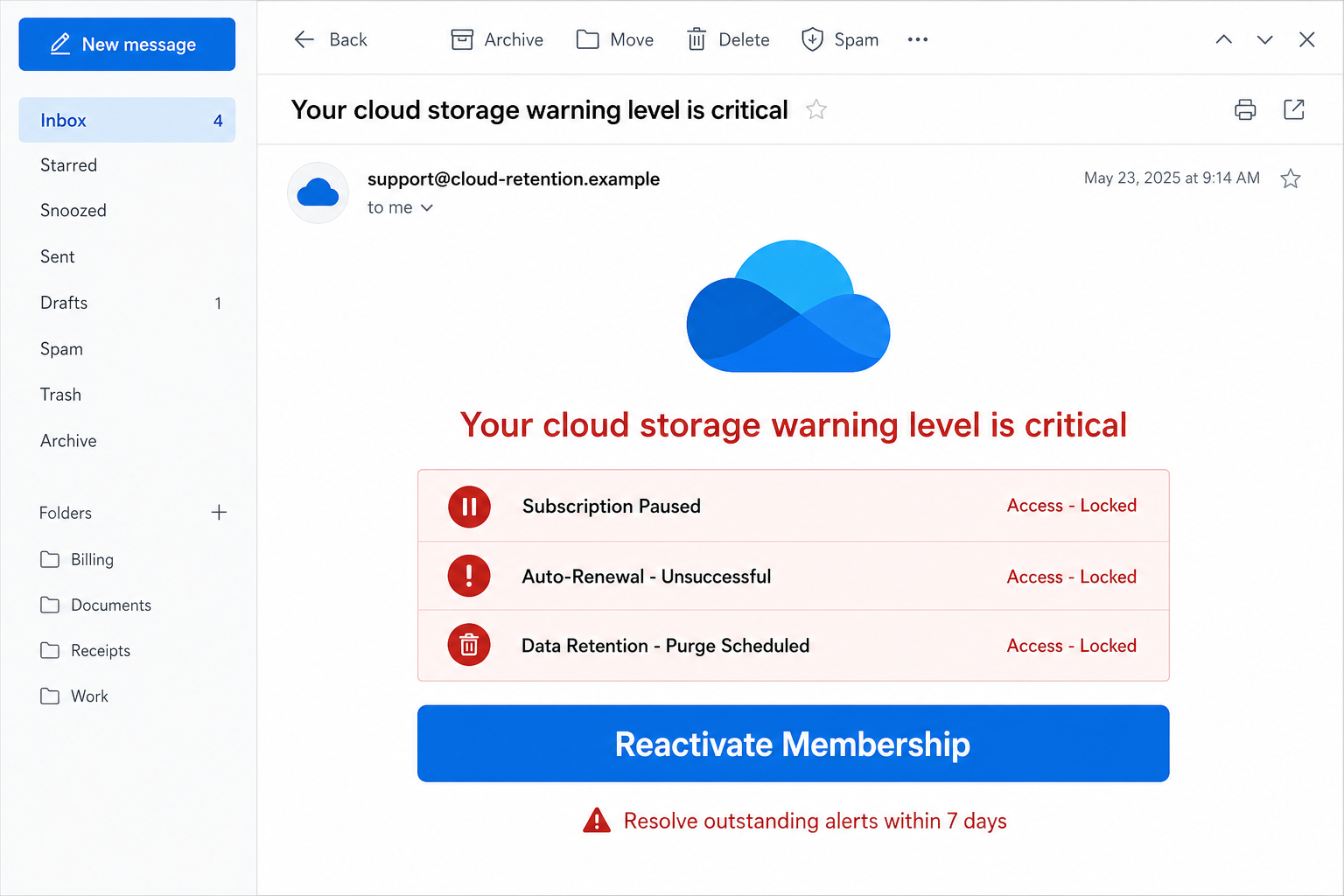 Cloud Subscription Paused Email Scam Uses Data Loss Fear to Sell Services 1 Reconstruction of a fake cloud subscription paused email warning about file deletion