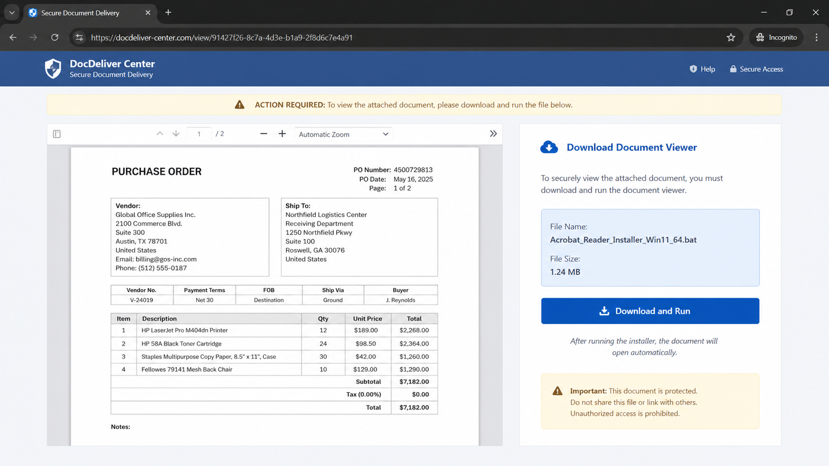 Formal Commercial Offer email malicious destination example