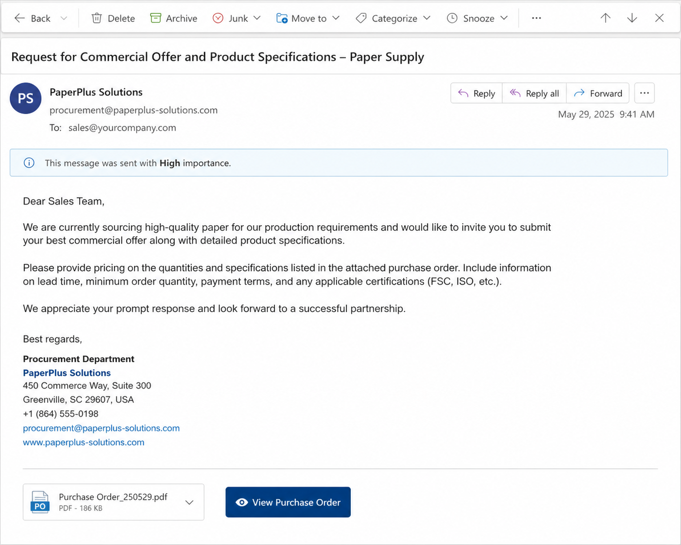 Formal Commercial Offer email deceptive email example