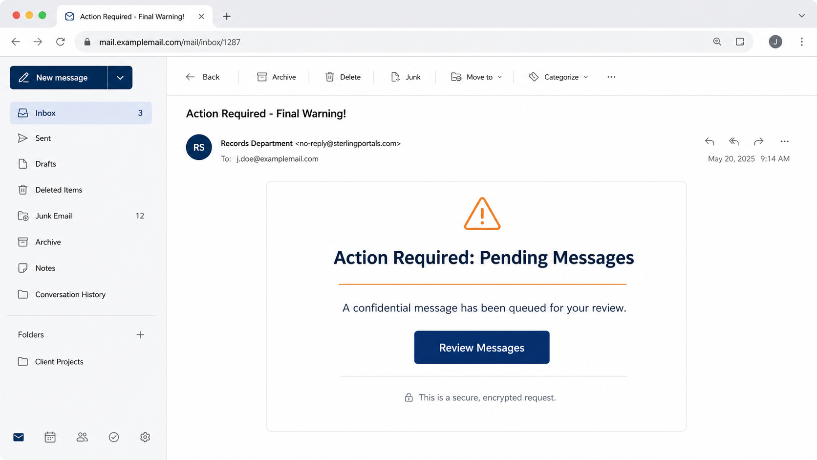 Reconstructed Confidential Messages Queued phishing email