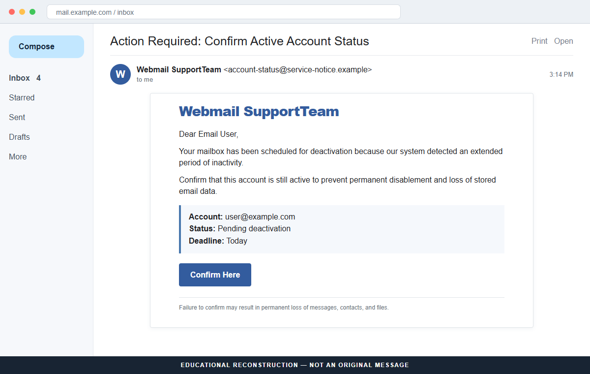 Reconstruction of the Confirm Active Account Status email scam threatening mailbox deactivation