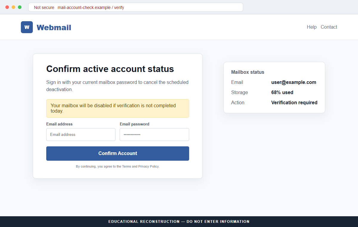 Reconstruction of a fake webmail verification page asking for an email address and password