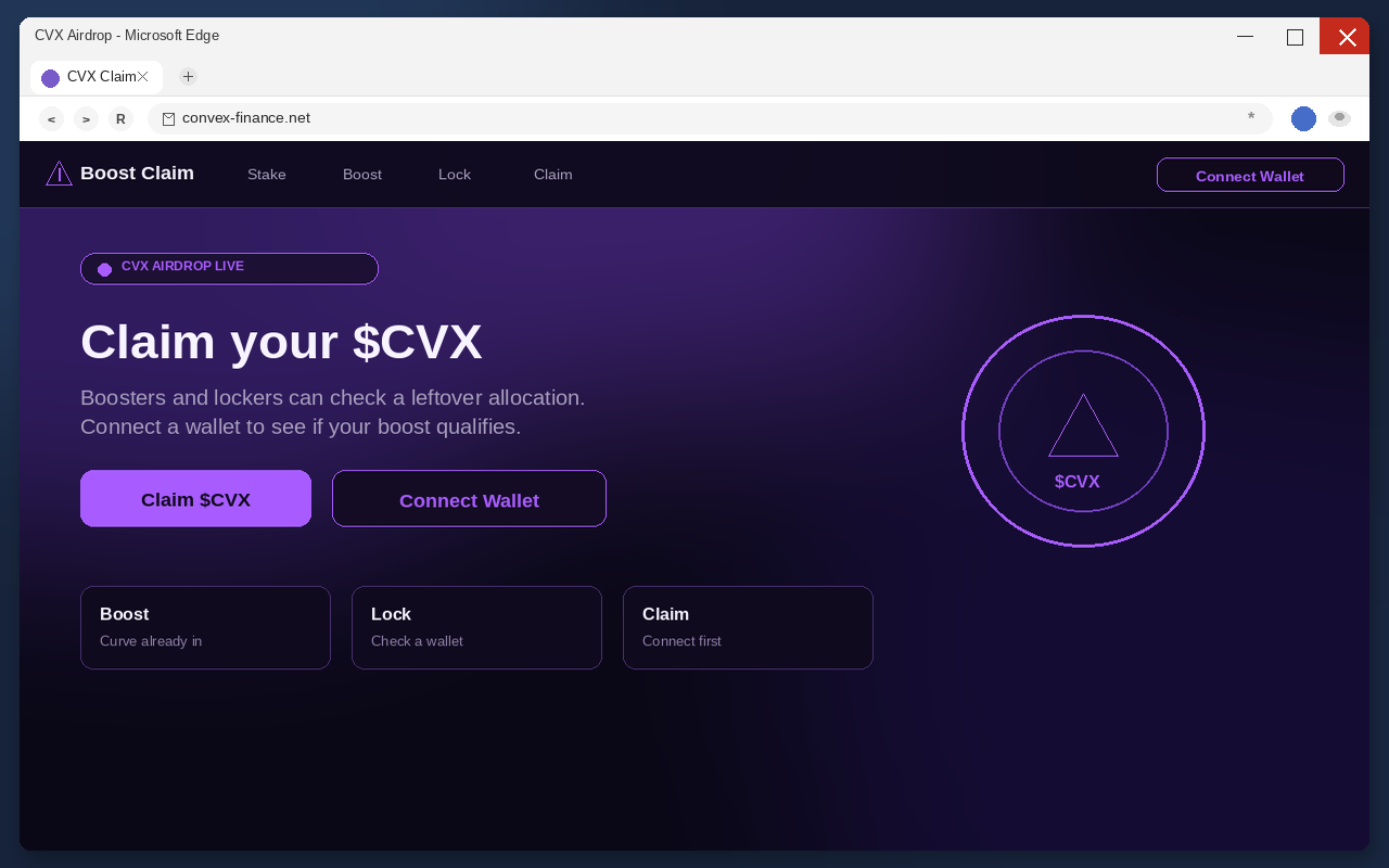Fake Convex $CVX airdrop claim page with Connect Wallet
