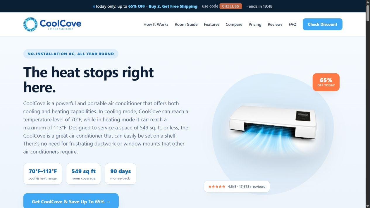 Coolcove-ac.net page advertising a different wall heater and cooler with 70 and 113 degree settings and 549 square foot coverage