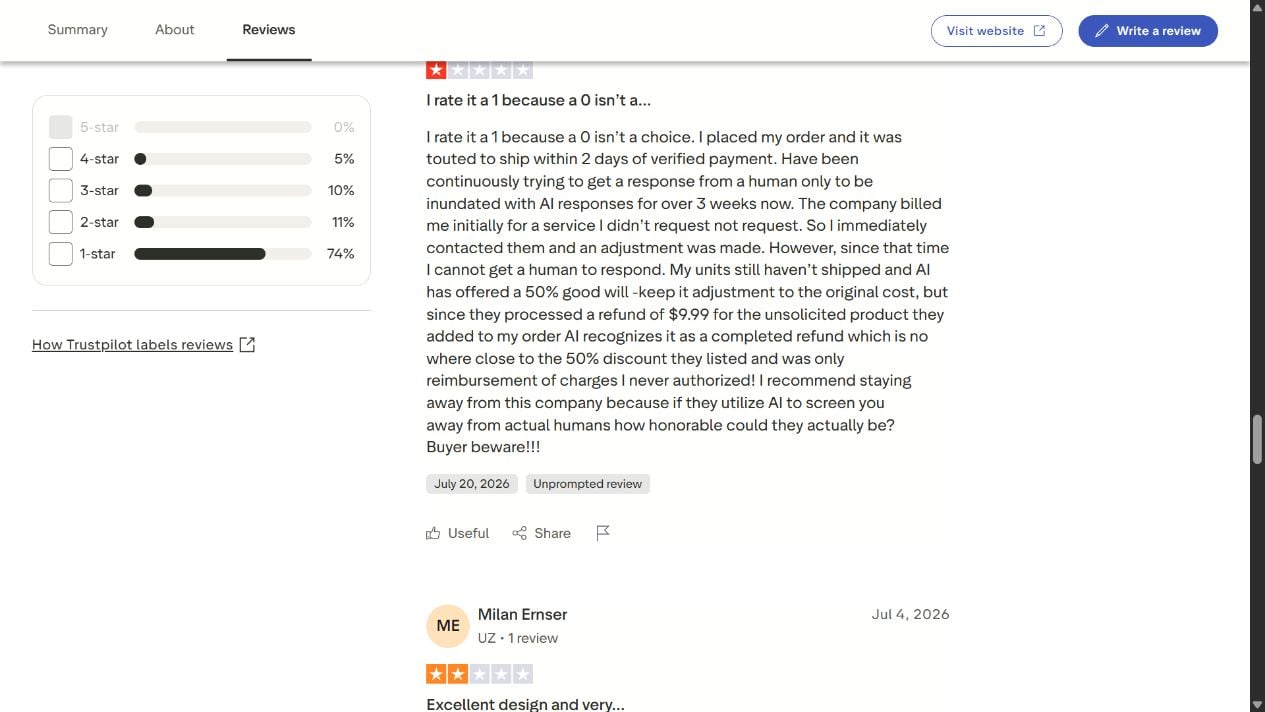 Cool Cove Trustpilot complaint alleging an unsolicited 9.99 product or service charge and unresolved refund