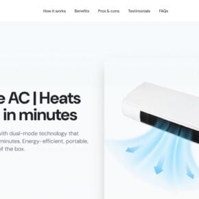 Coolcove.net sales page showing a slim white wall-mounted cooling and heating device