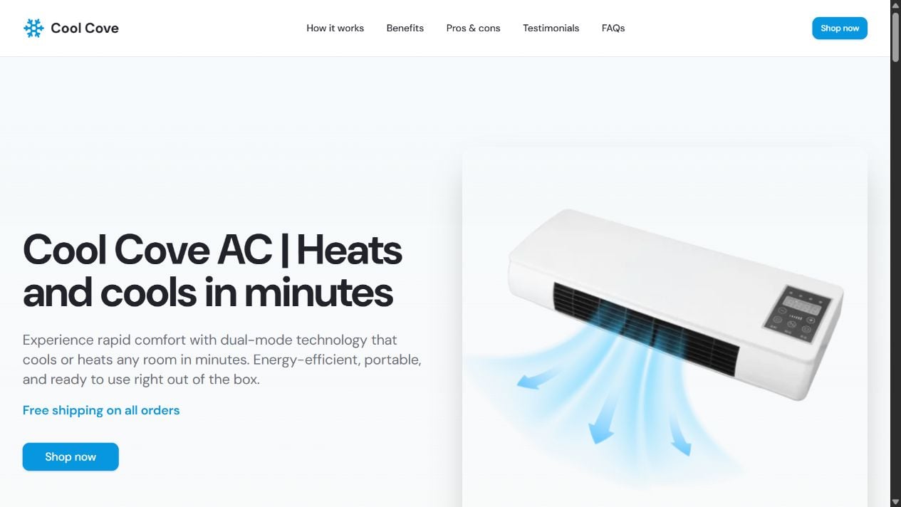 Coolcove.net sales page showing a slim white wall-mounted cooling and heating device