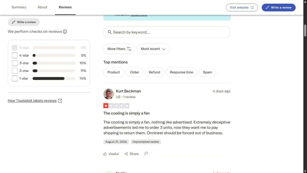 Cool Cove Trustpilot page showing a 2.1 score, 74% one-star reviews, and a complaint that cooling was simply a fan