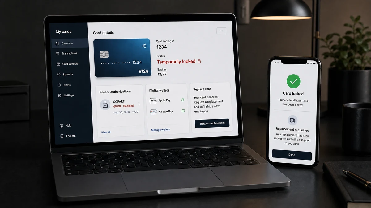 Realistic reconstruction of a card security screen showing a blocked verification attempt and replacement-card controls