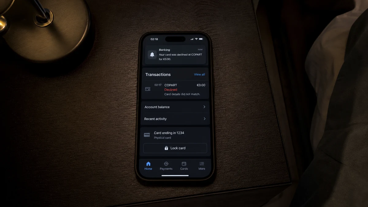 Realistic reconstruction of a banking app alert for a declined zero-euro COPART card authorization