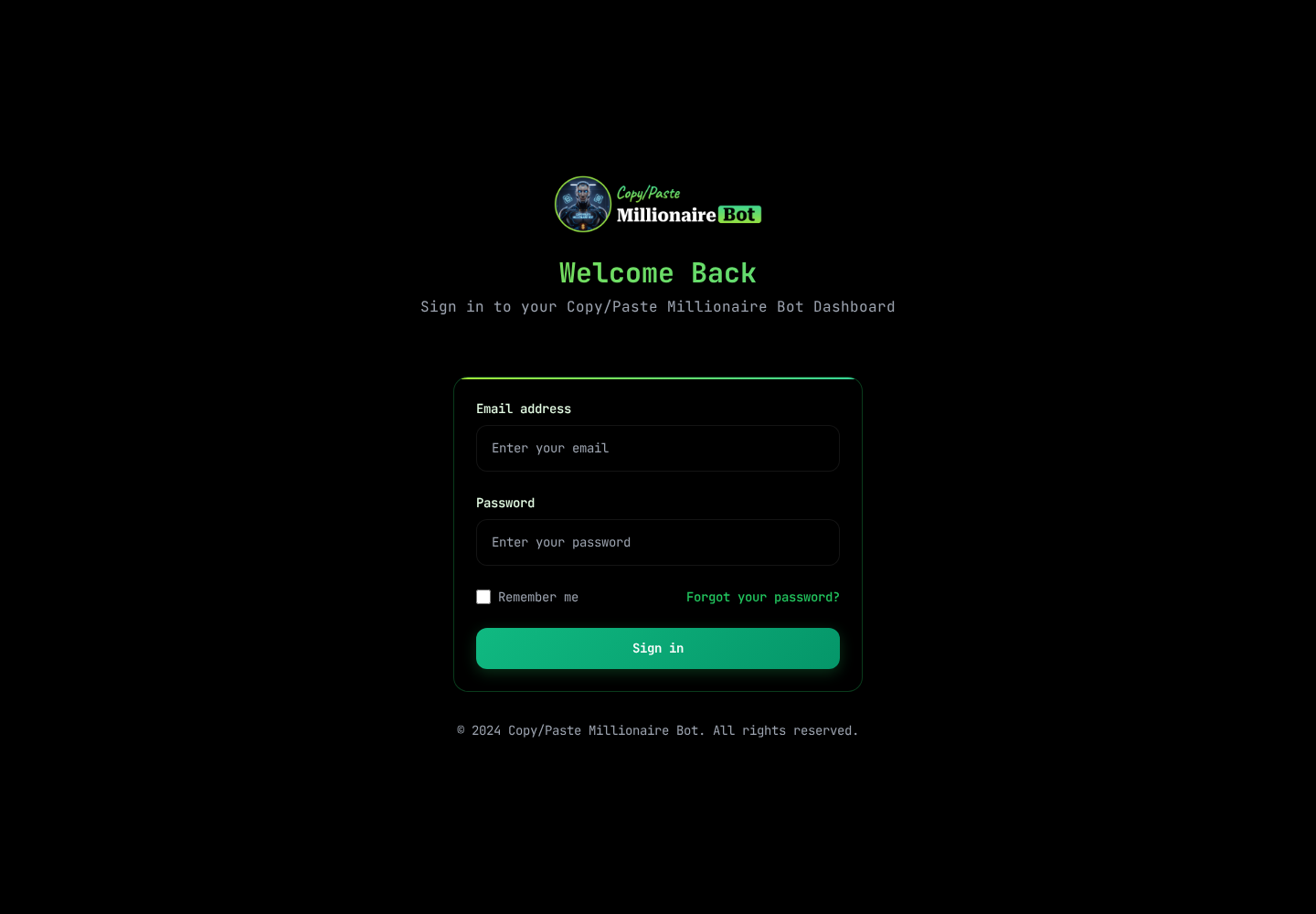 Copy Paste Millionaire Bot login dashboard on a separate domain