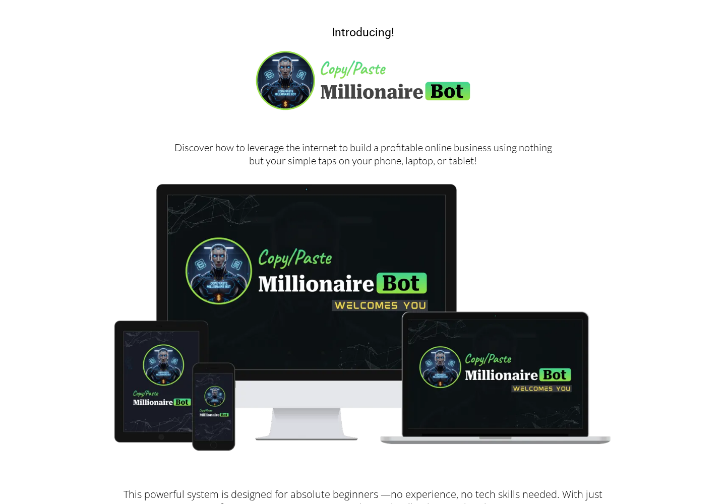 Copy Paste Millionaire Bot sales page promising an easy online income system