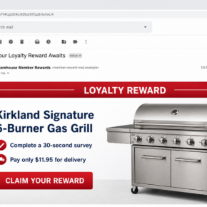Example of a fake warehouse club email offering a gas grill for an $11.95 delivery fee