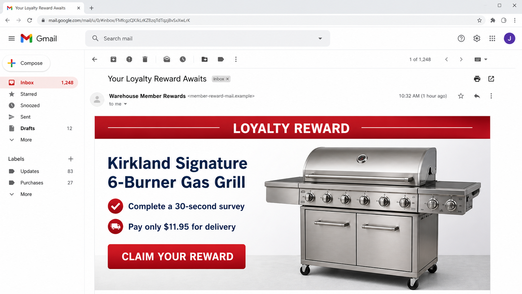 Example of a fake warehouse club email offering a gas grill for an $11.95 delivery fee