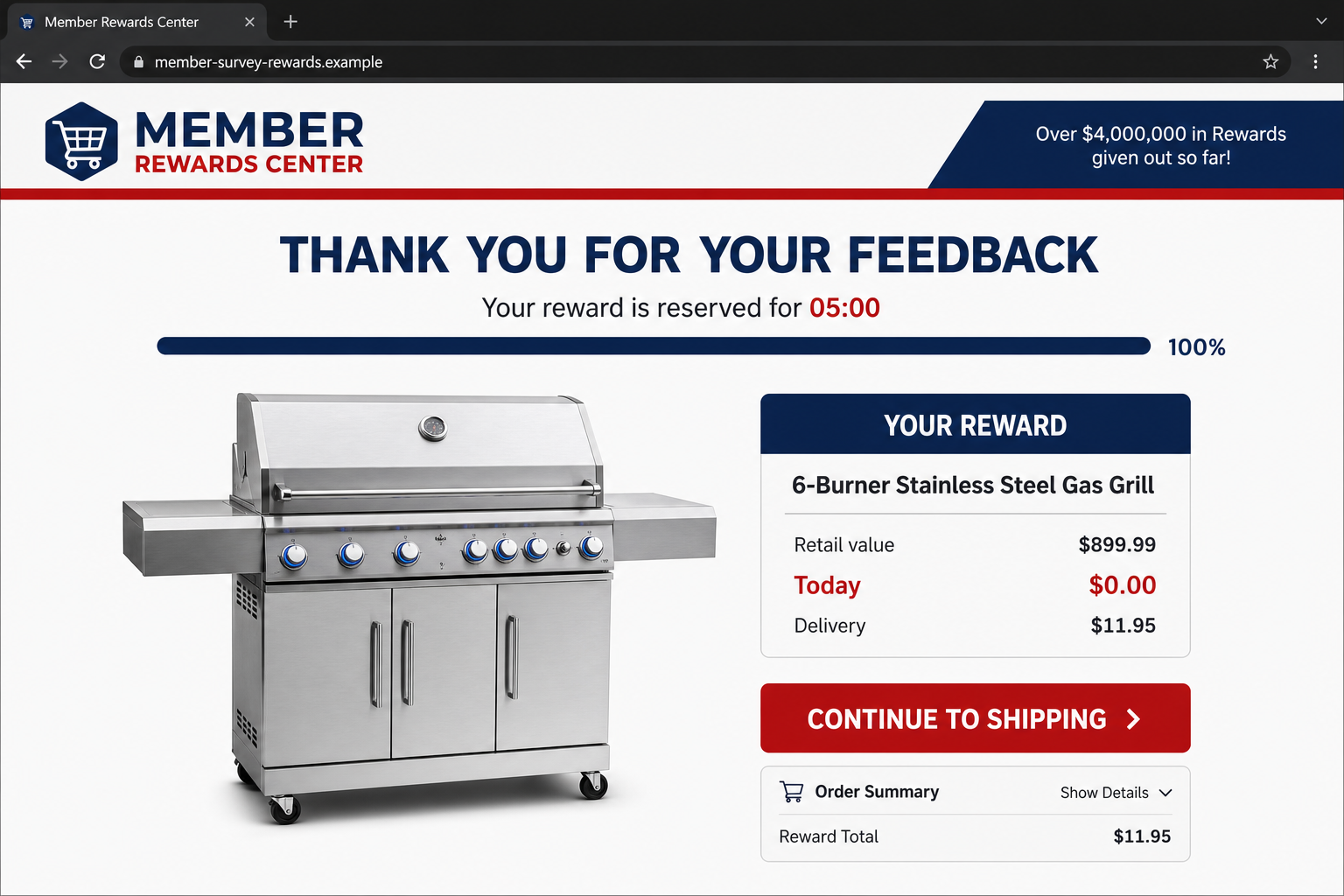 Reconstructed fake survey page claiming a six burner gas grill is free after an $11.95 fee