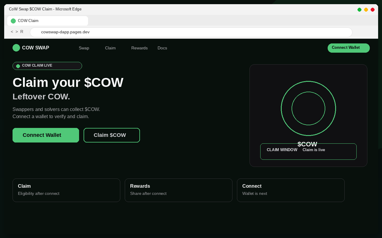 Fake CoW Swap $COW airdrop claim page with Connect Wallet