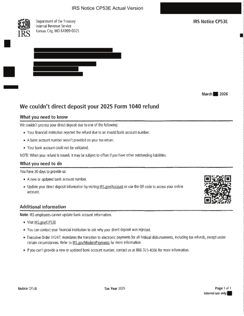IRS CP53E Scam: A Real Letter Became a Phishing Trap 1 Redacted official IRS Notice CP53E about a rejected tax refund direct deposit