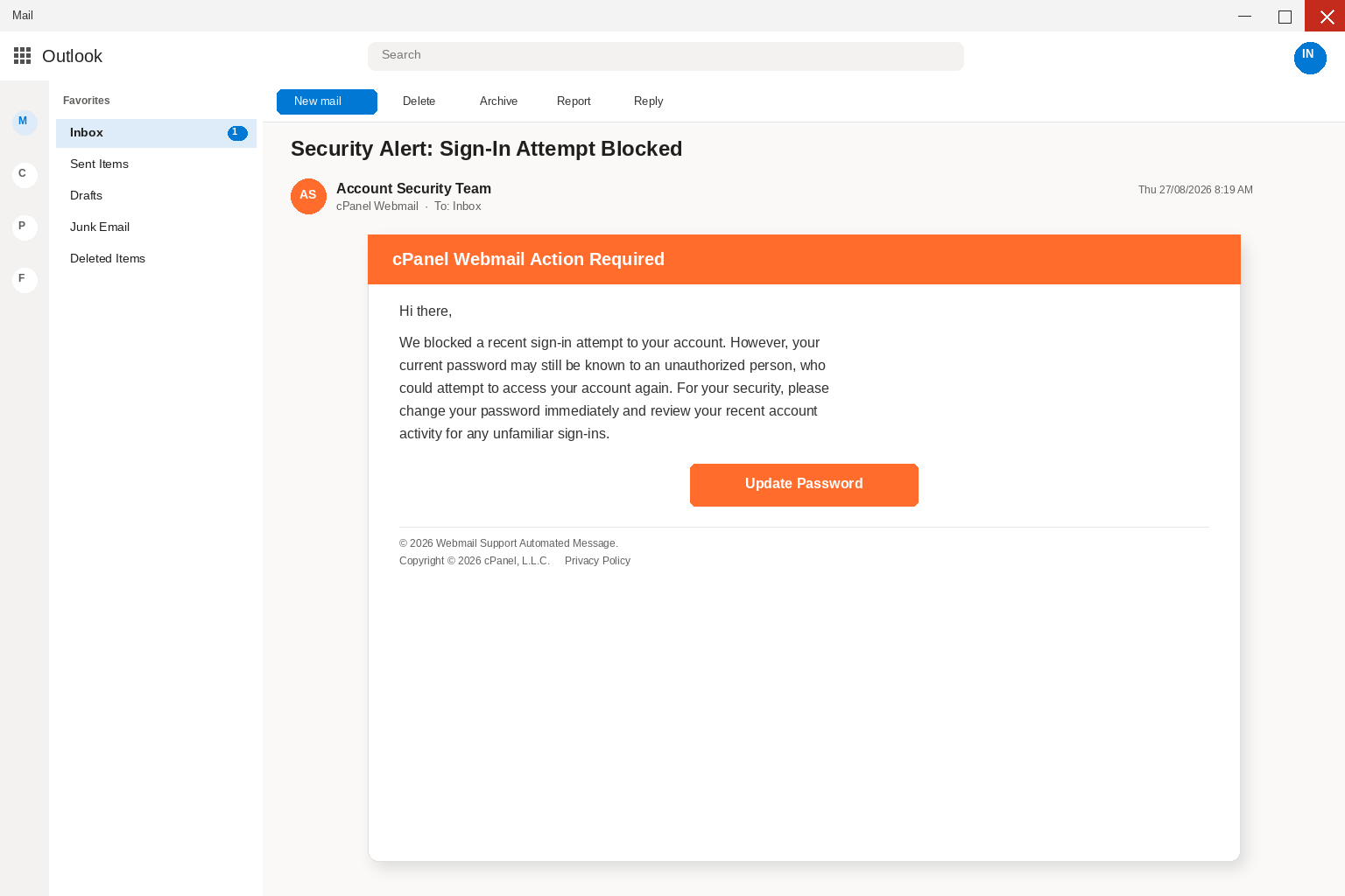 cPanel blocked sign-in email scam screenshot