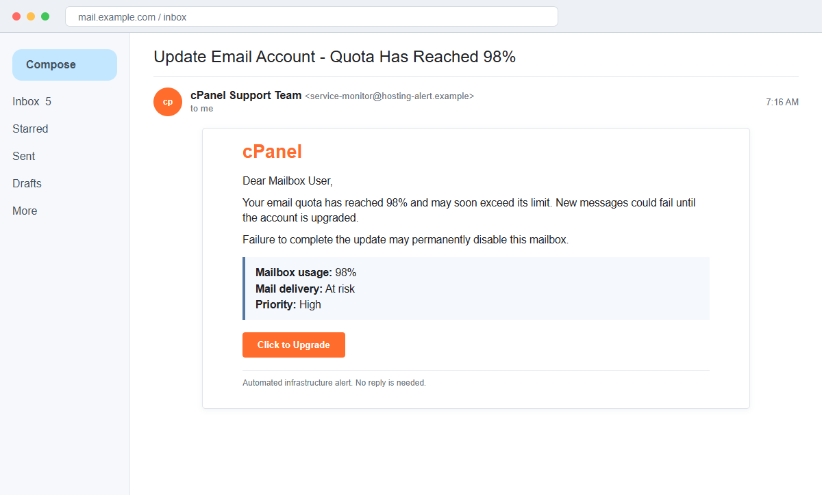 cPanel Email Quota Limit Scam Can Steal Your Business Webmail Password 1 Reconstruction of a cPanel email claiming a mailbox quota has reached 98%