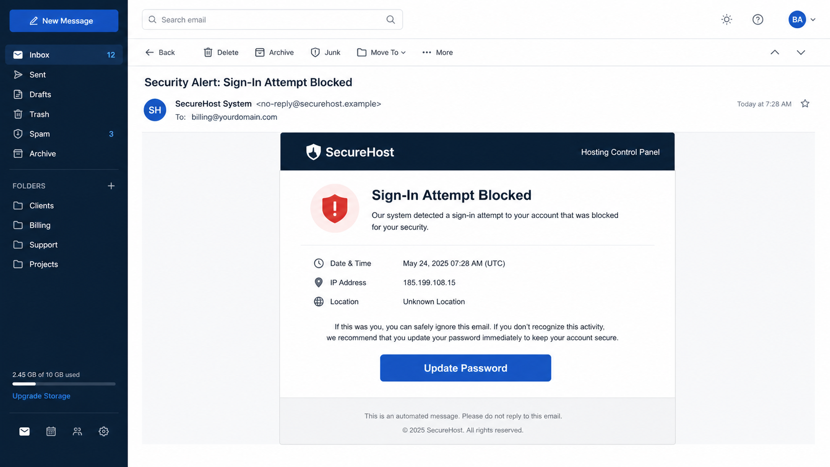cPanel blocked sign-in email scam phishing email example