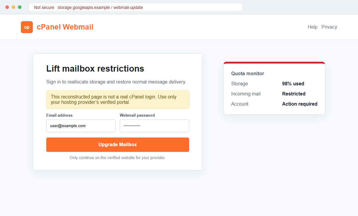 cPanel Email Quota Limit Scam Can Steal Your Business Webmail Password 2 Reconstruction of the fraudulent cPanel webmail page requesting an email password