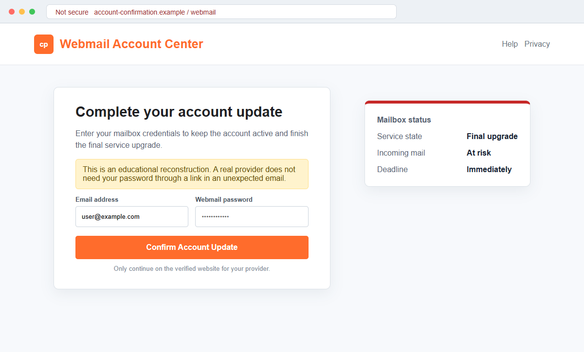 Reconstruction of a fake webmail account update page requesting a password