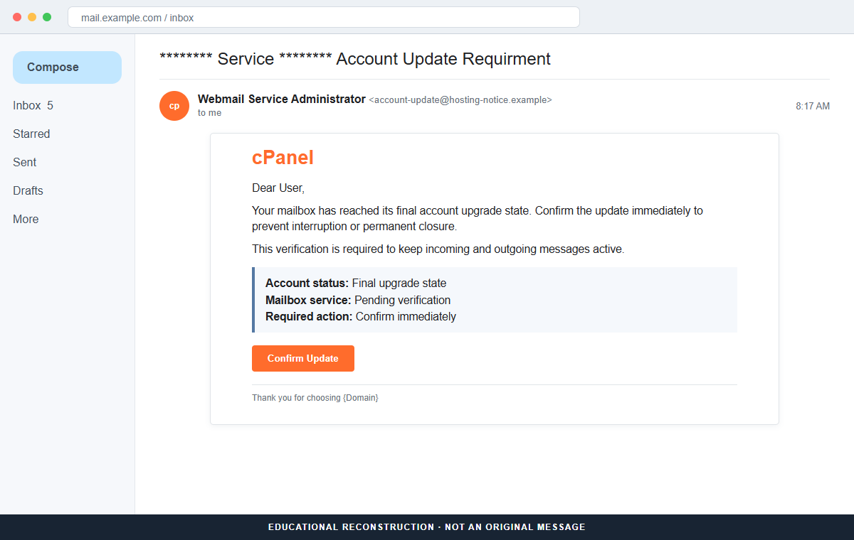 Reconstruction of the cPanel Final Account Upgrade phishing email